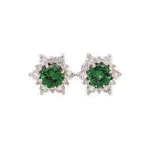 Tsavorite Earrings in Solid 14K White Gold with Natural Diamond Halo